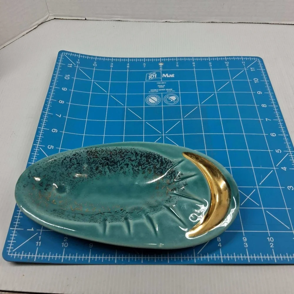 Vintage Mid Century Modern Teal Gold Celestial Moon Ceramic Trinket Dish USA